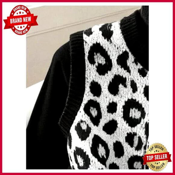 Sleeveless Leopard Print Cardigan Sweater Vest Button Front Crew Neck Y2K - Picture 5 of 5